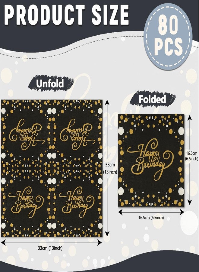 Resflyar 80 PCS Happy Birthday Paper Napkins, 2 Ply Premium Quality Cocktail Napkins, 13×13 Inch Soft and Absorbent Disposable Hand Towels Napkins for Birthday Party Supplies, Black and Gold - Image 2